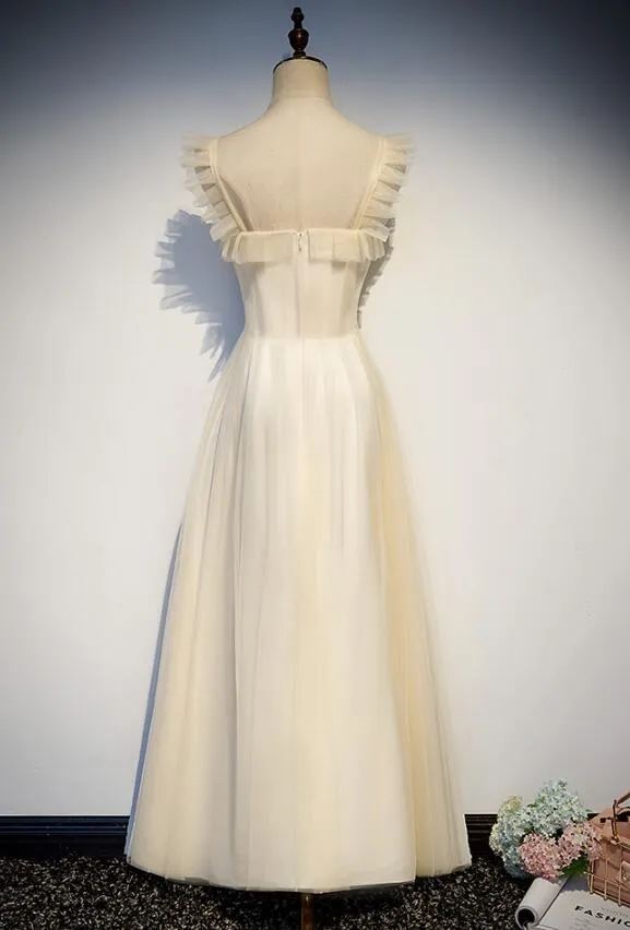 Lovely Tulle Champagne Long Party Dress, Beautiful Tulle Prom Dress