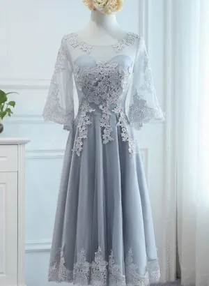 Lovely Tulle Grey Lace Party Dress with Lace, Short Formal Dress Prom Dress