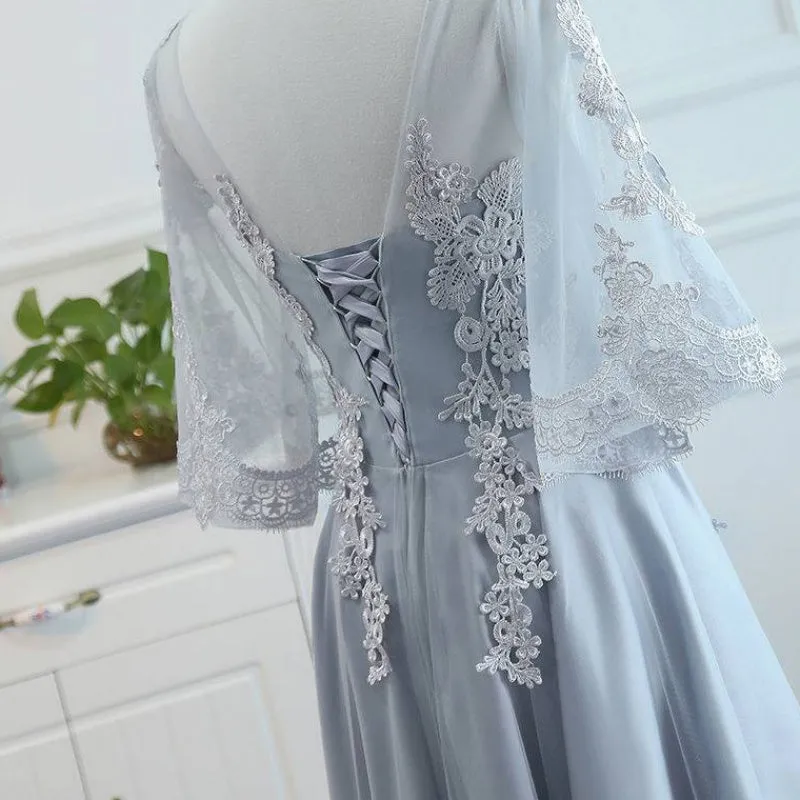 Lovely Tulle Grey Lace Party Dress with Lace, Short Formal Dress Prom Dress