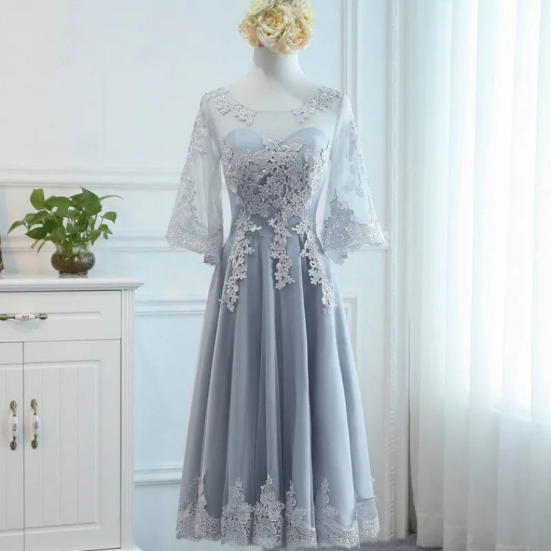 Lovely Tulle Grey Lace Party Dress with Lace, Short Formal Dress Prom Dress