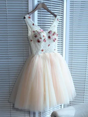 Lovely Tulle V-neckline Tulle Homecoming Dresses, Tulle Pink Cute Party Dress