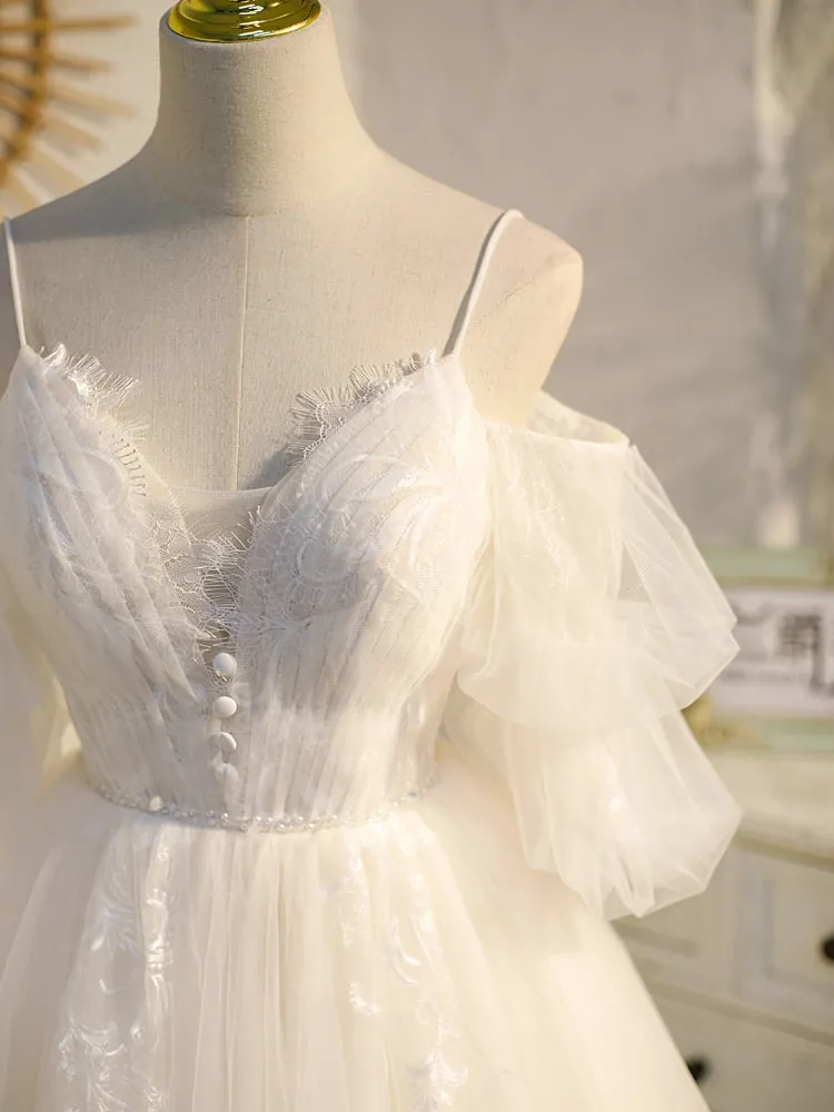 Lovely White Tulle with Lace V-neckline Short Prom Dress Party Dress, Cute Homecoming Dress