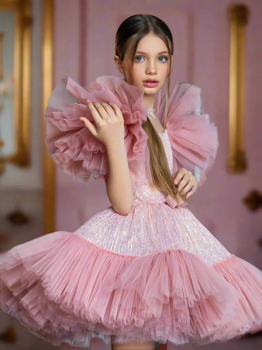 Luxury Statement Sleeve Sequin Special Occasion Tutu Dress