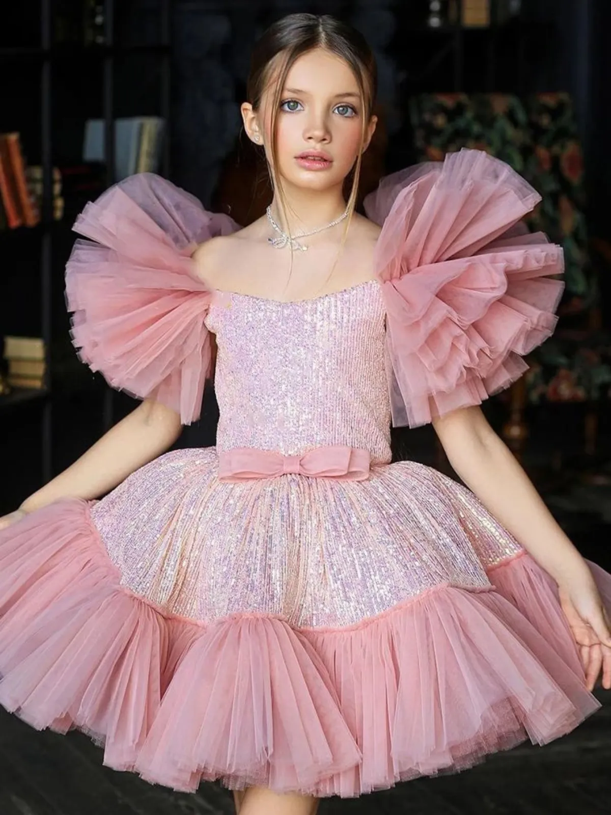 Luxury Statement Sleeve Sequin Special Occasion Tutu Dress