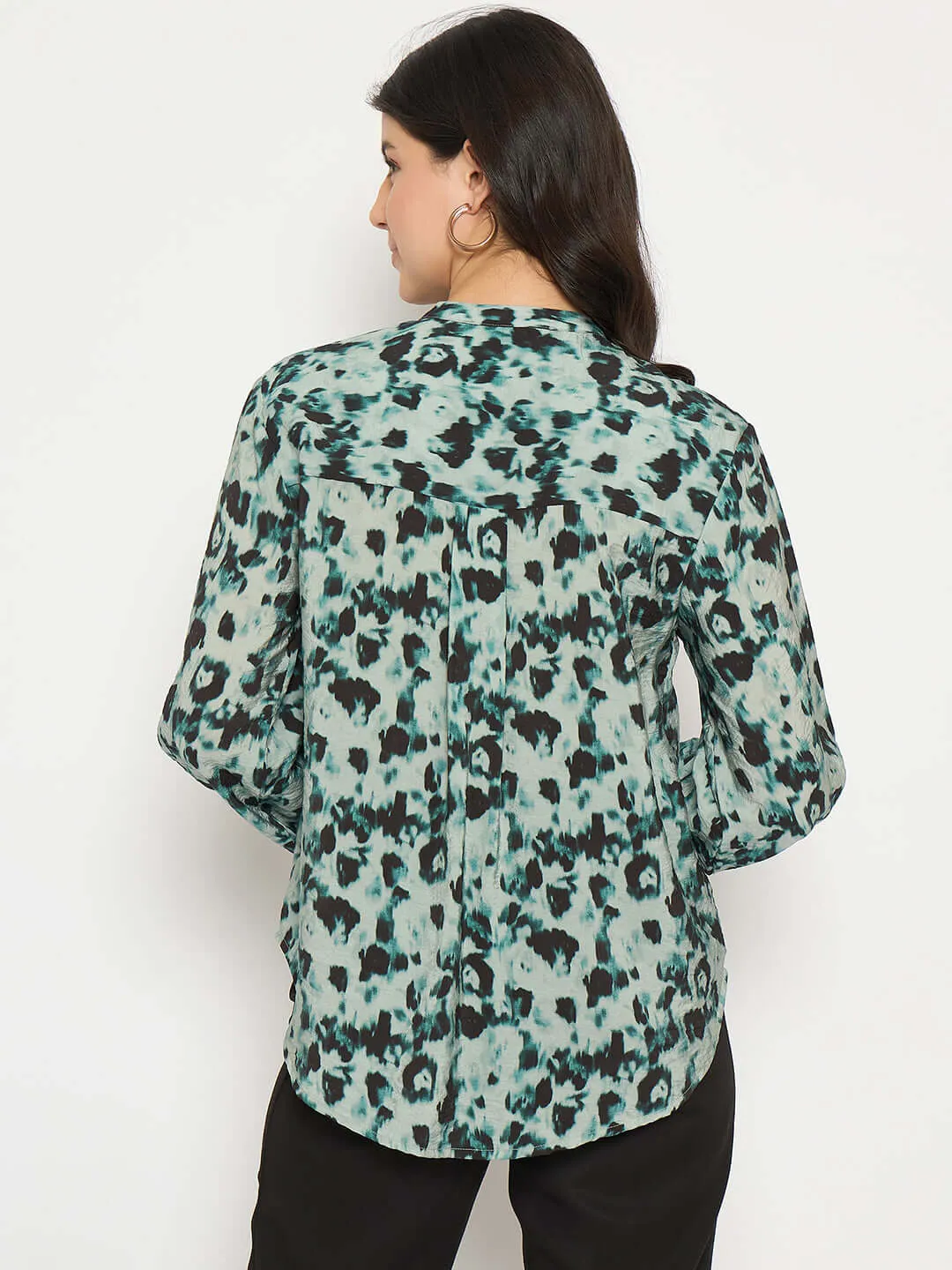 Madame Button Detailed Printed Green Chambray Top