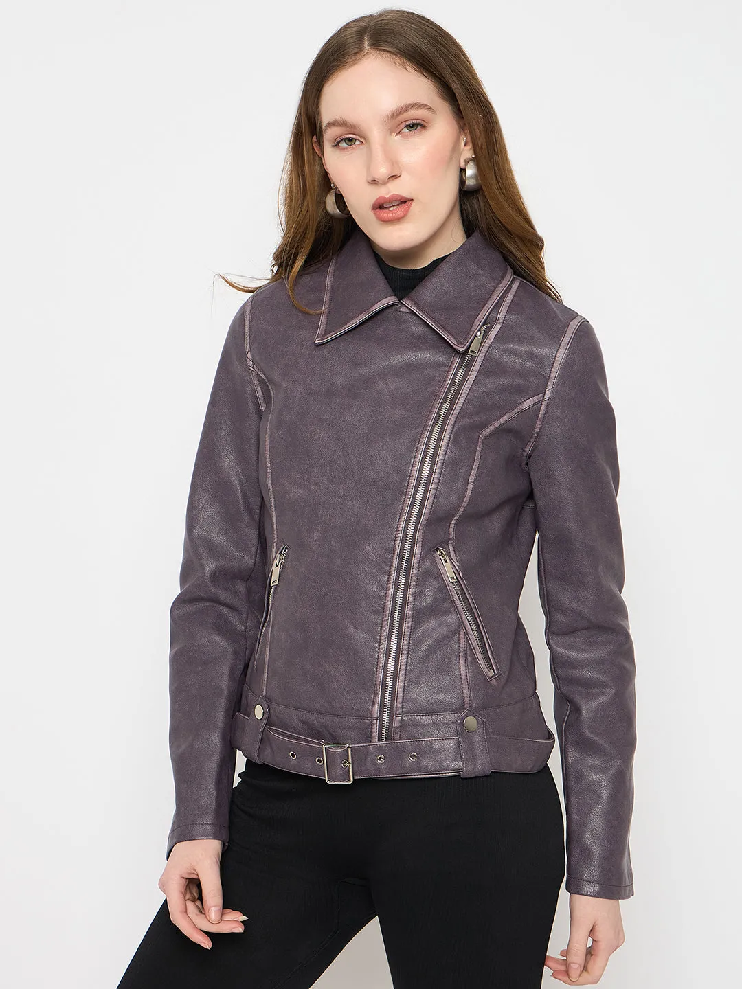 Madame Faux Leather Belt Detailed Purple Jacket