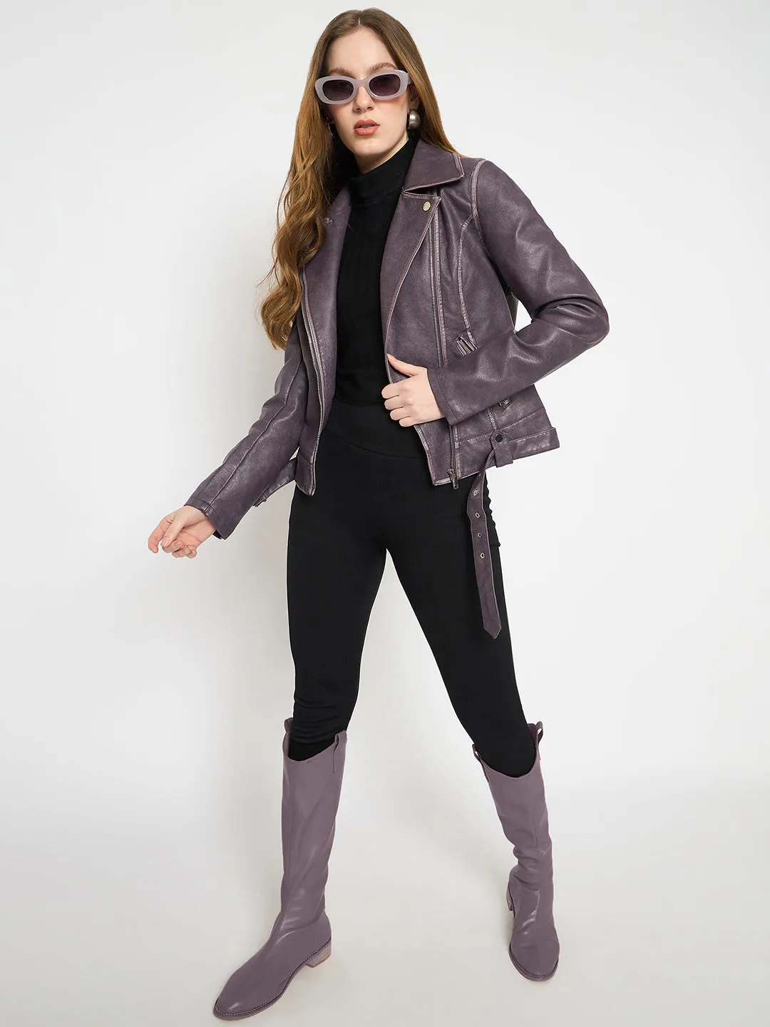 Madame Faux Leather Belt Detailed Purple Jacket
