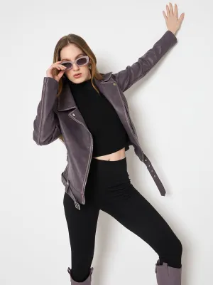 Madame Faux Leather Belt Detailed Purple Jacket