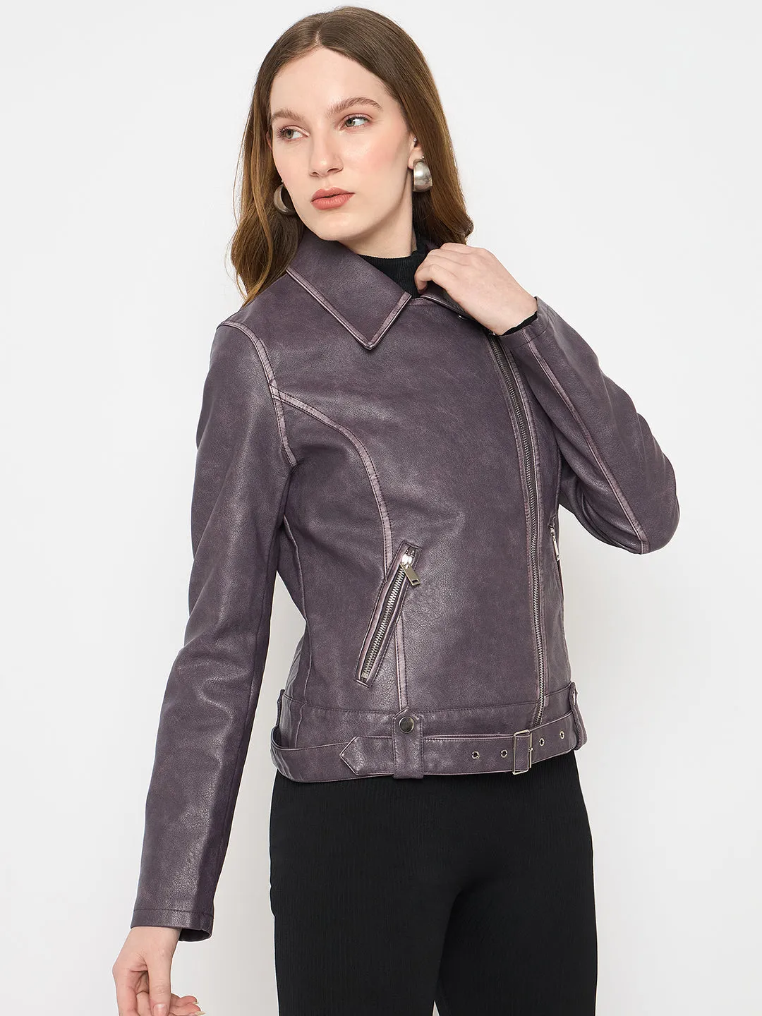 Madame Faux Leather Belt Detailed Purple Jacket