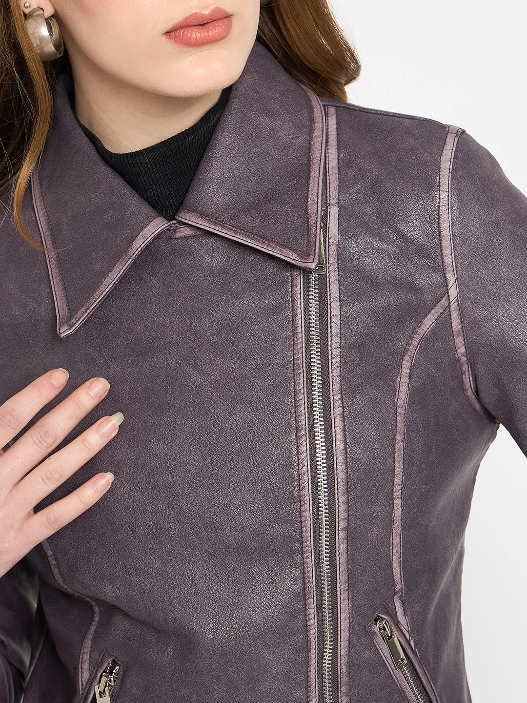 Madame Faux Leather Belt Detailed Purple Jacket