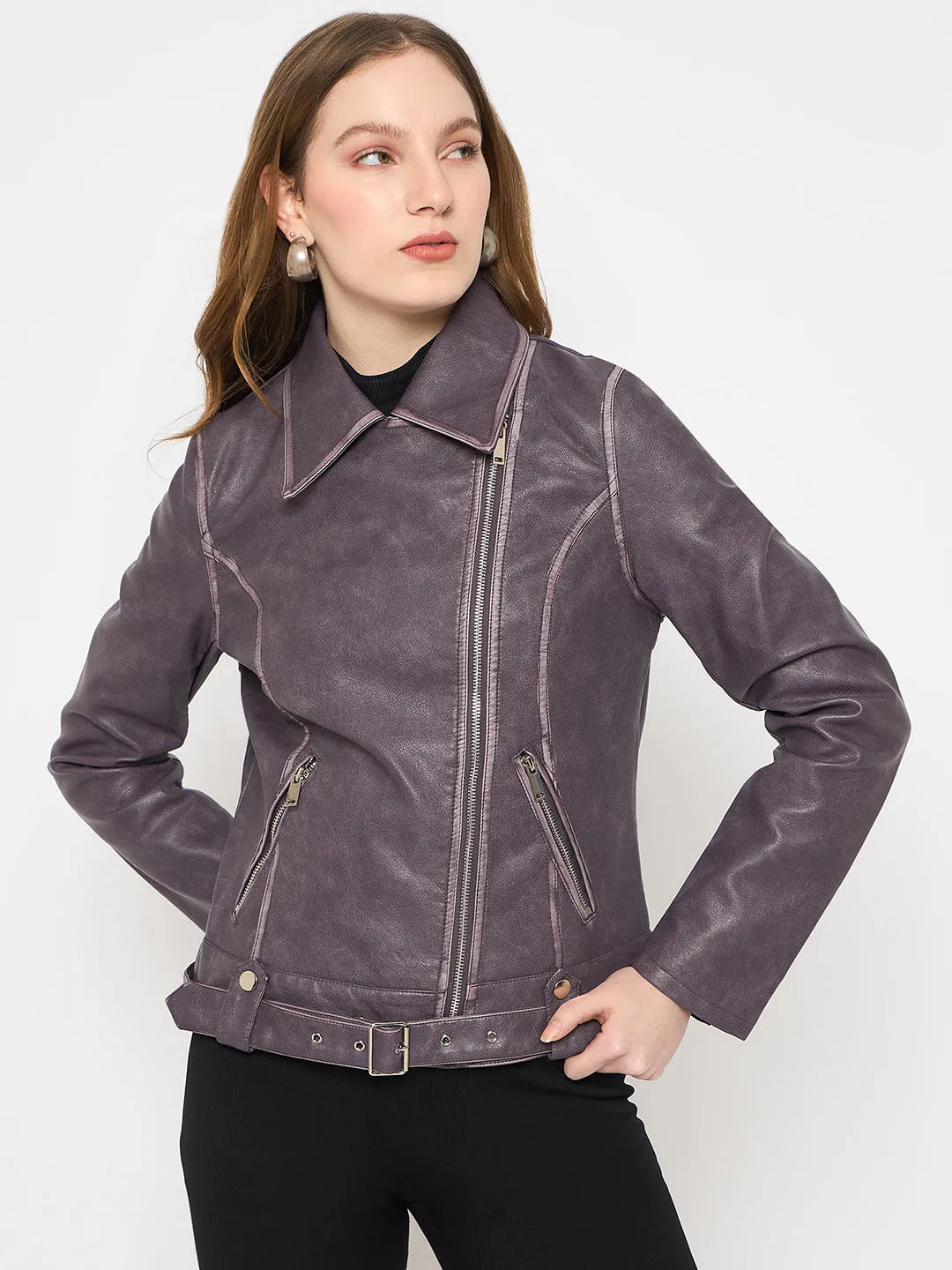 Madame Faux Leather Belt Detailed Purple Jacket