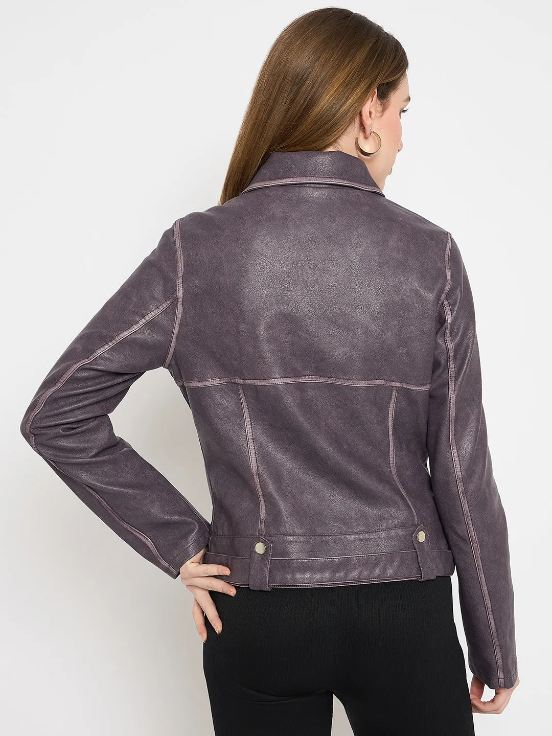 Madame Faux Leather Belt Detailed Purple Jacket