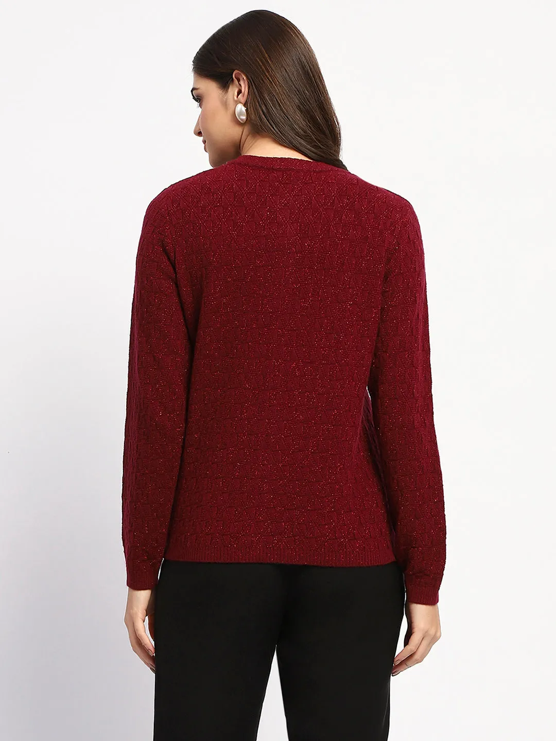 Madame Shimmer Cable Knit Pearl Buttoned Maroon Cardigan