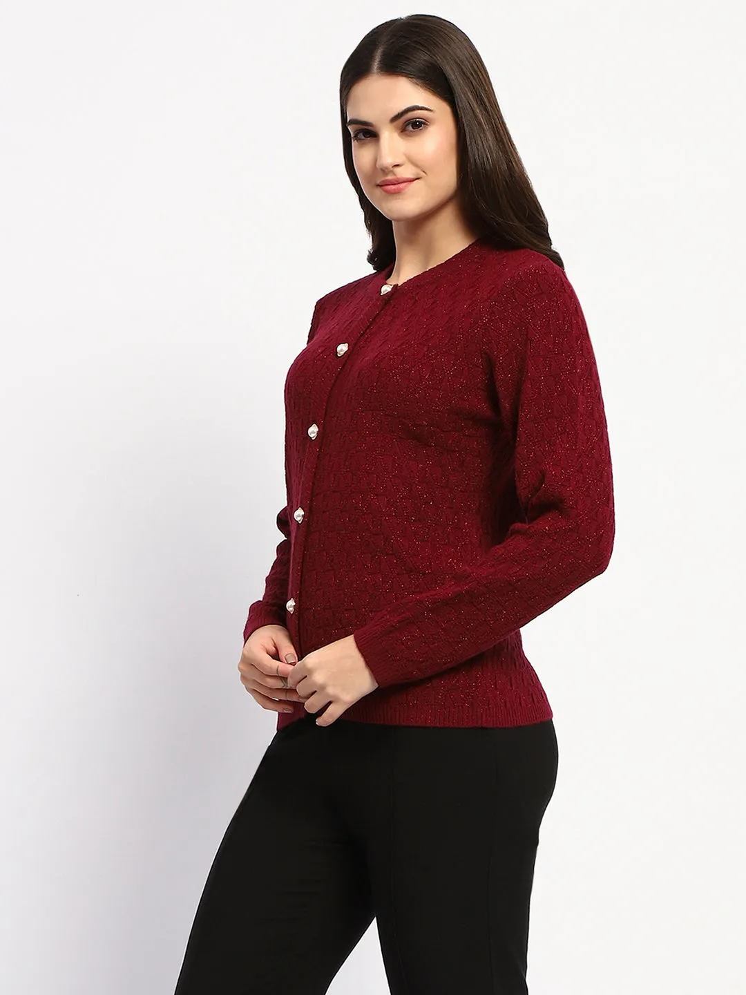 Madame Shimmer Cable Knit Pearl Buttoned Maroon Cardigan