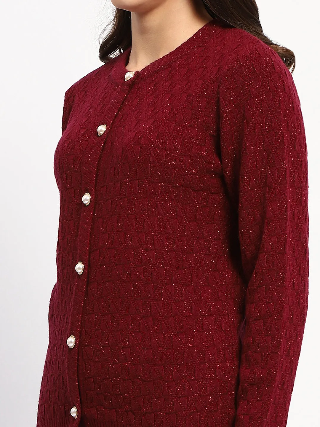 Madame Shimmer Cable Knit Pearl Buttoned Maroon Cardigan
