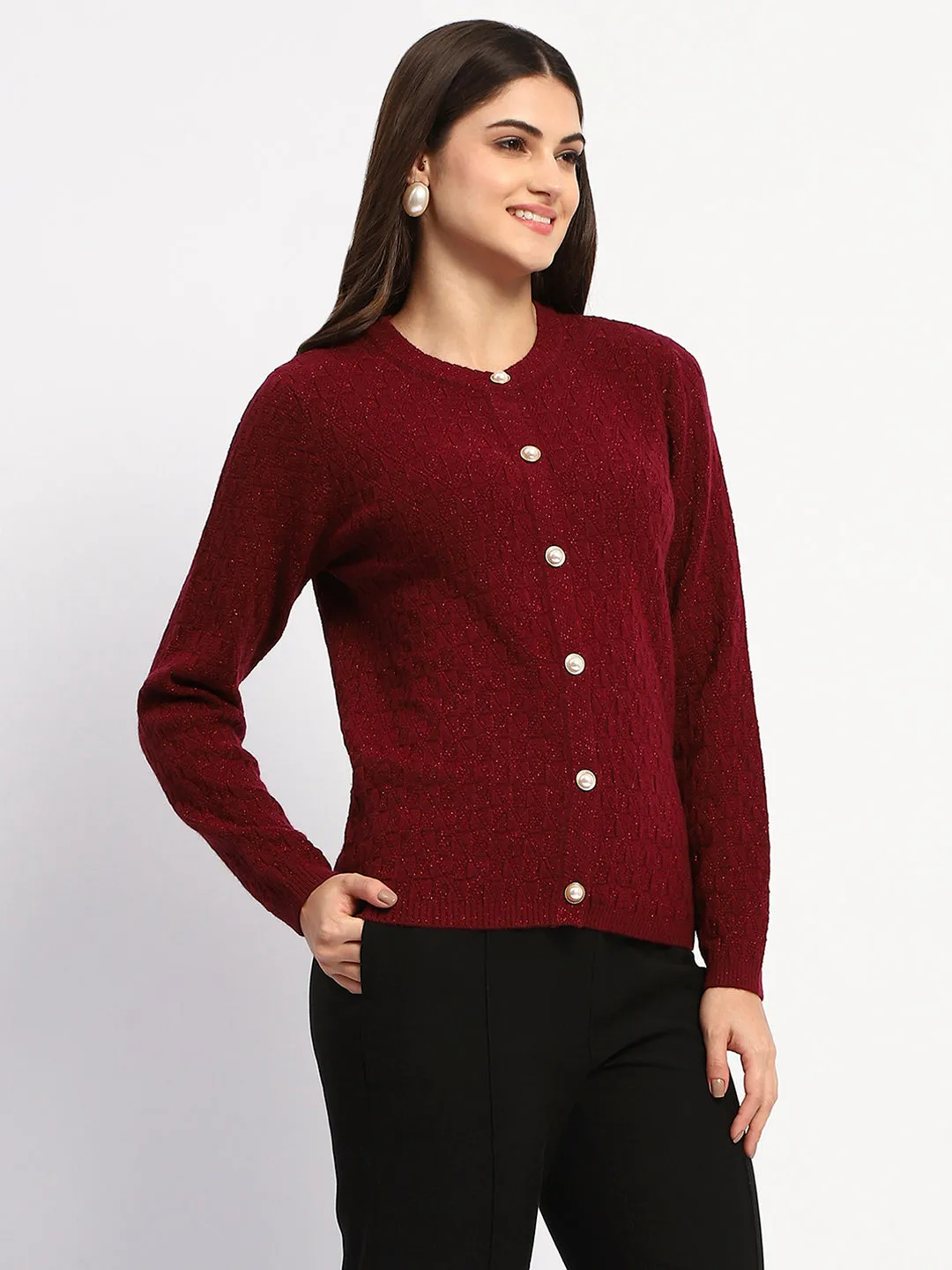Madame Shimmer Cable Knit Pearl Buttoned Maroon Cardigan