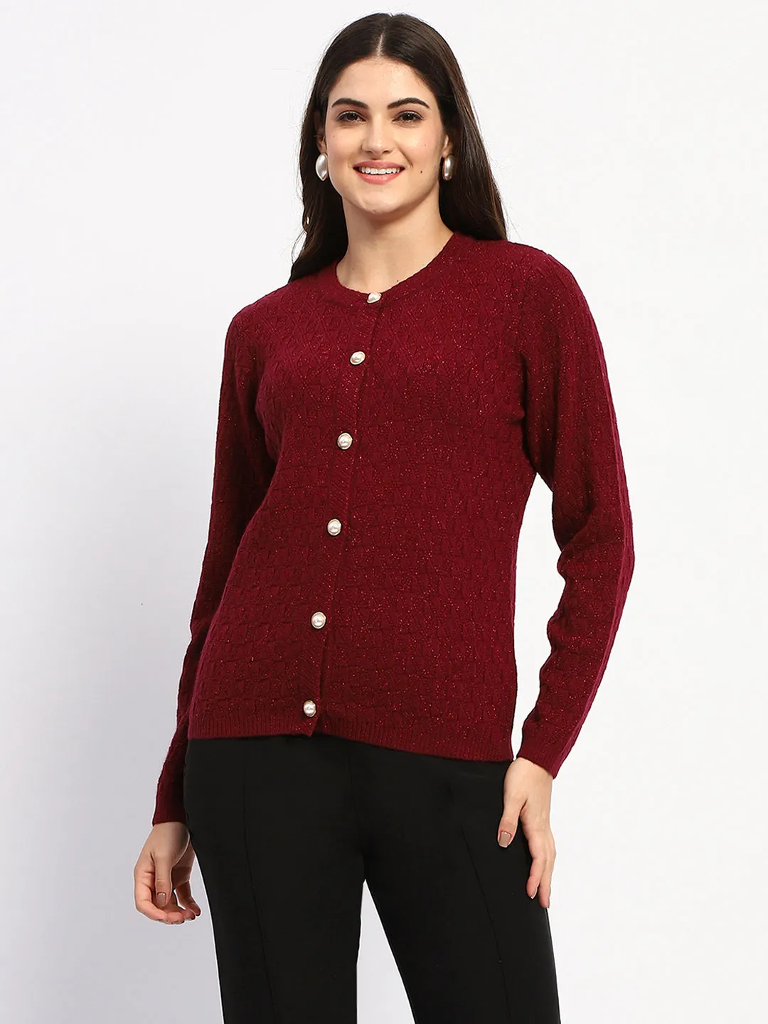 Madame Shimmer Cable Knit Pearl Buttoned Maroon Cardigan