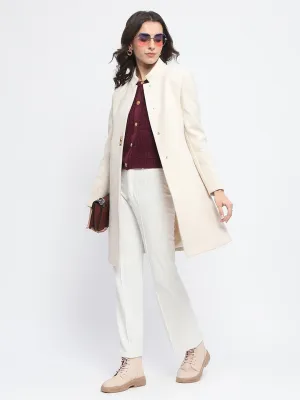 Madame Textured Button Detailing Off White Long Coat