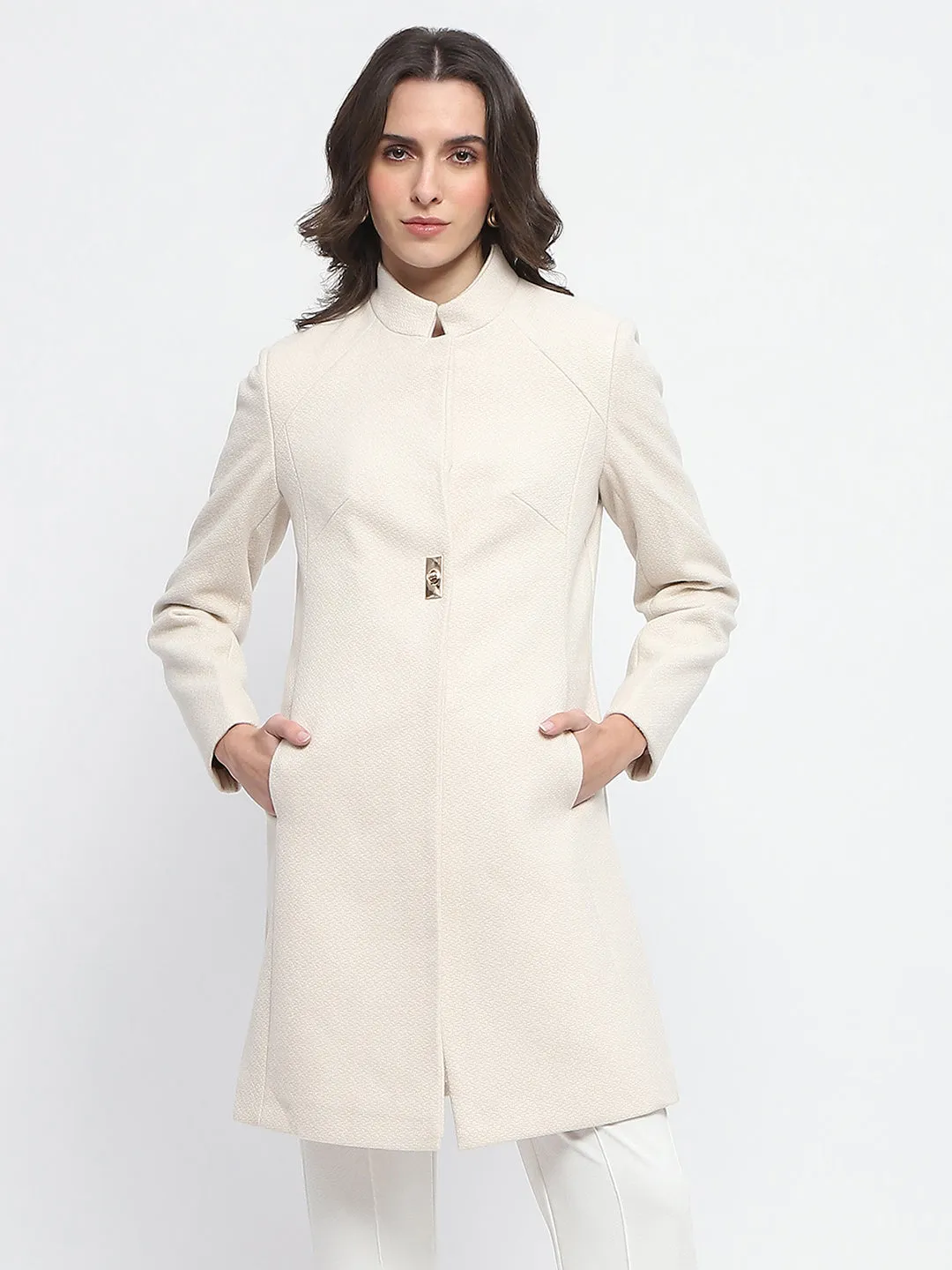 Madame Textured Button Detailing Off White Long Coat