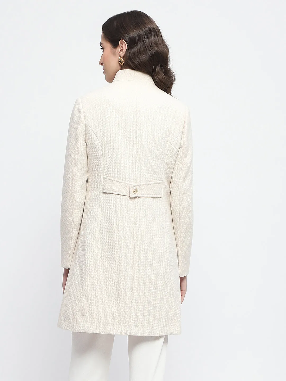 Madame Textured Button Detailing Off White Long Coat