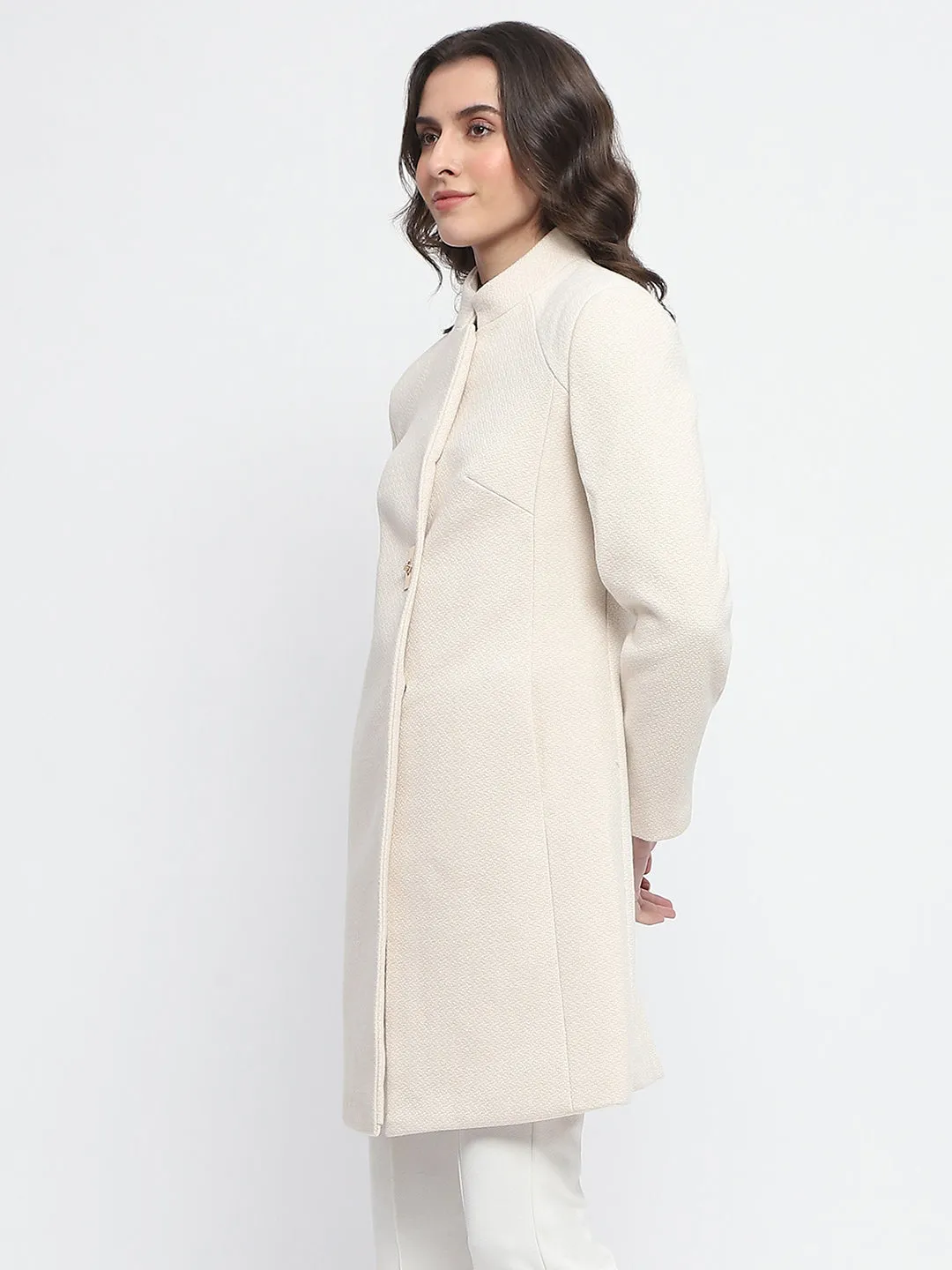 Madame Textured Button Detailing Off White Long Coat