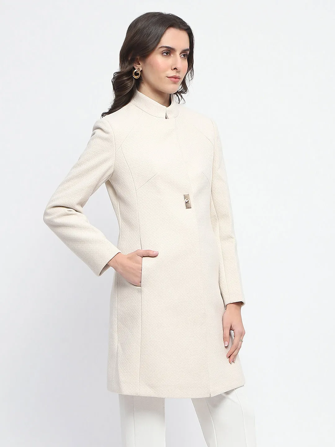 Madame Textured Button Detailing Off White Long Coat