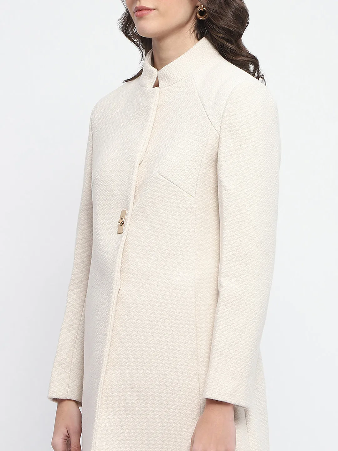 Madame Textured Button Detailing Off White Long Coat