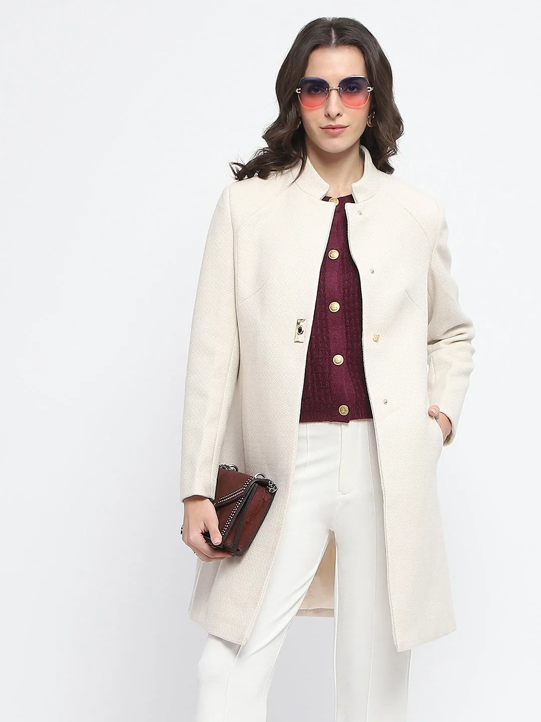Madame Textured Button Detailing Off White Long Coat
