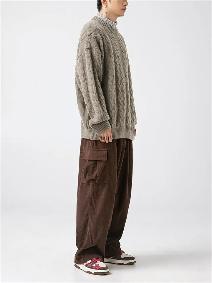 Male Simple Long Sleeve Cable Knitting Sweaters