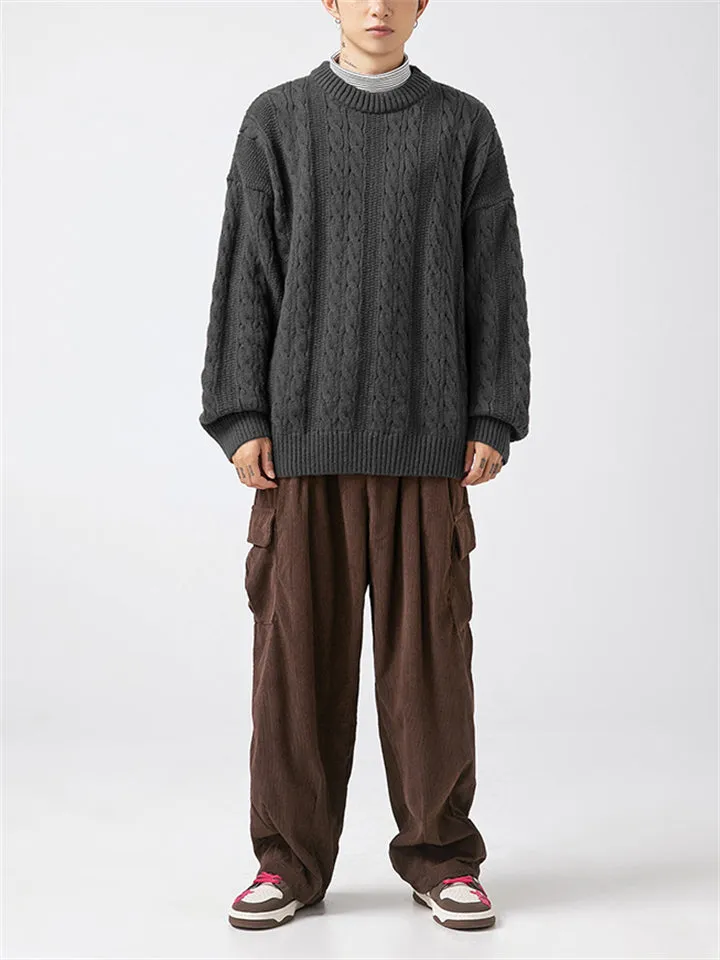 Male Simple Long Sleeve Cable Knitting Sweaters