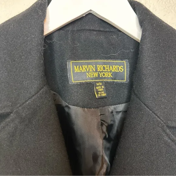 MARVIN RICHARDS NEW YORK Womens Medium Black Wool Blend Long Pea Coat Button Up