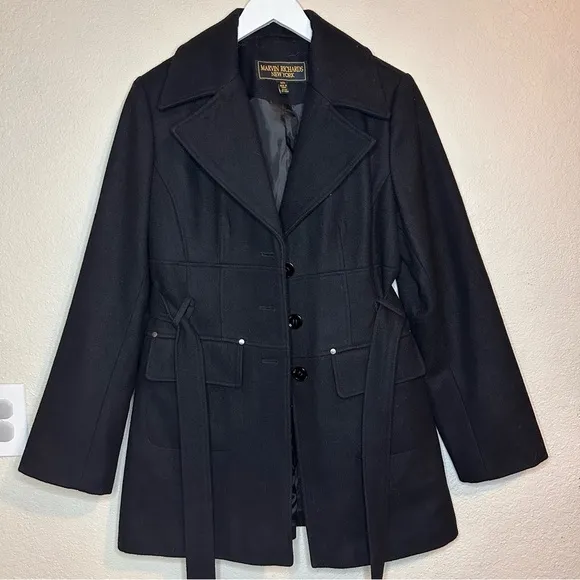 MARVIN RICHARDS NEW YORK Womens Medium Black Wool Blend Long Pea Coat Button Up