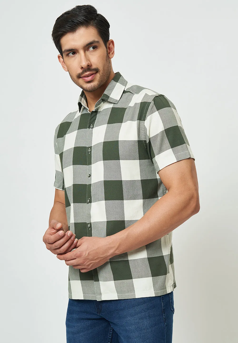 Men Green Checks Casual Shirt