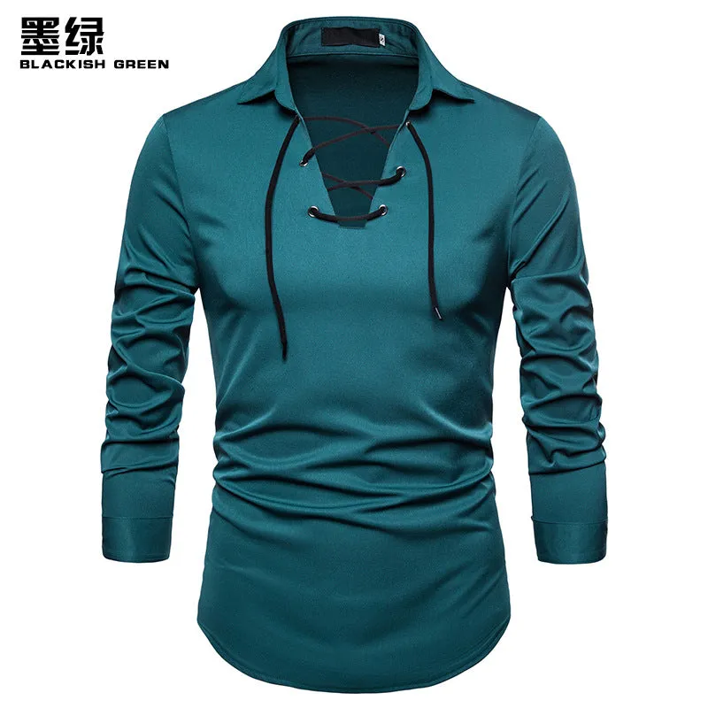 Men Turnover Collar Tied Straps Long Sleeves T-Shirt