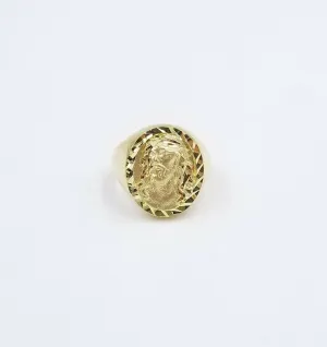 Men's 10k Yellow Gold Jesus Head Ring Diamond Cut, Size 10 Thick Band, Sizable
