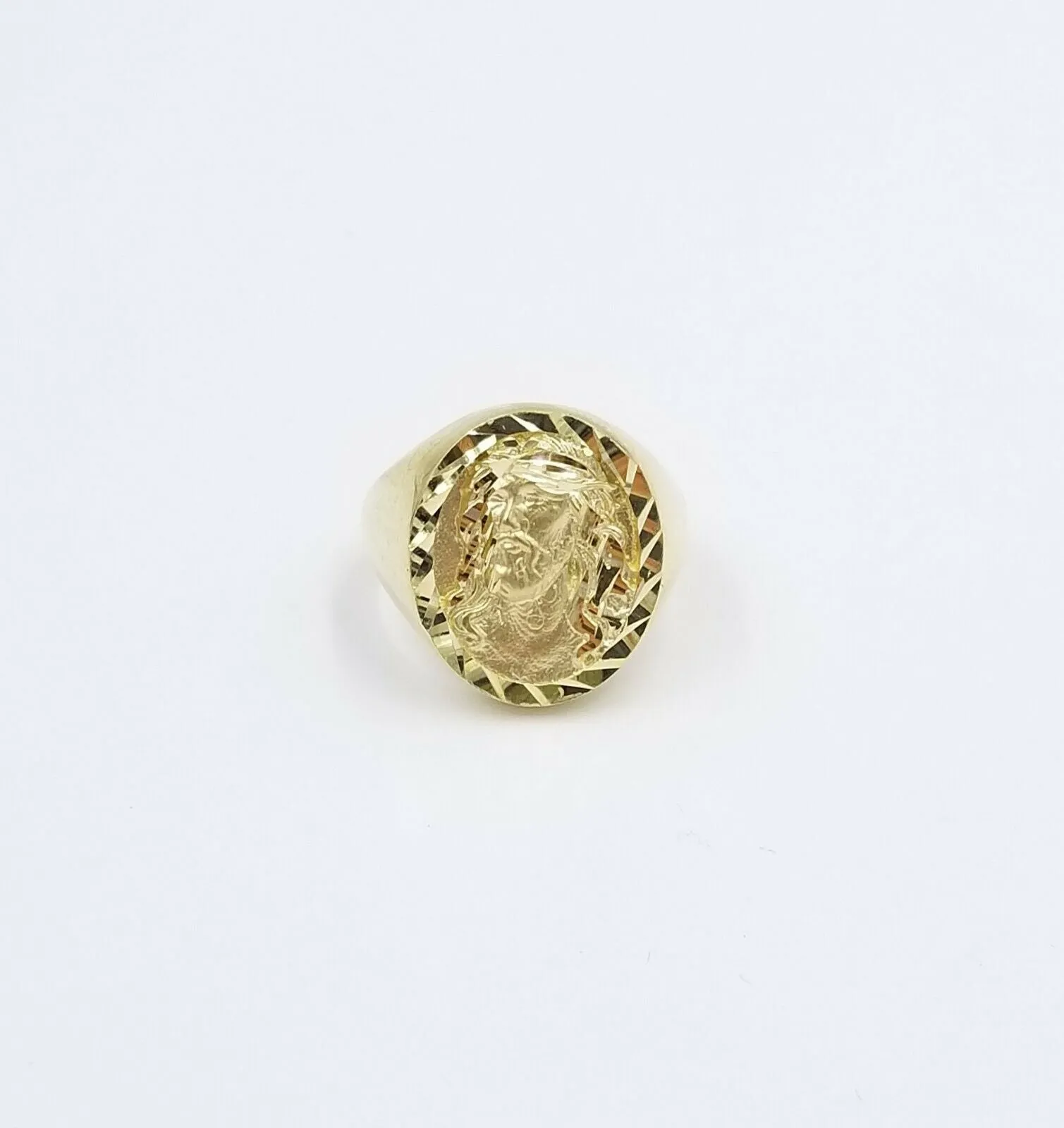 Men's 10k Yellow Gold Jesus Head Ring Diamond Cut, Size 10 Thick Band, Sizable