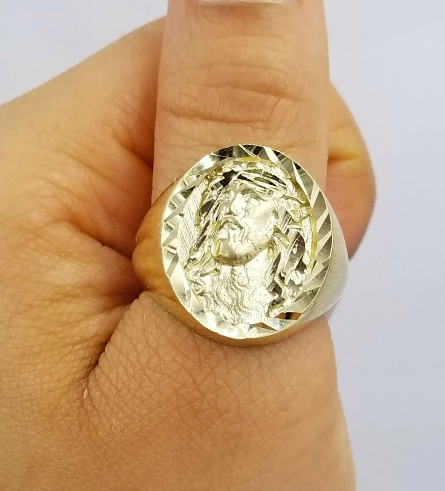 Men's 10k Yellow Gold Jesus Head Ring Diamond Cut, Size 10 Thick Band, Sizable