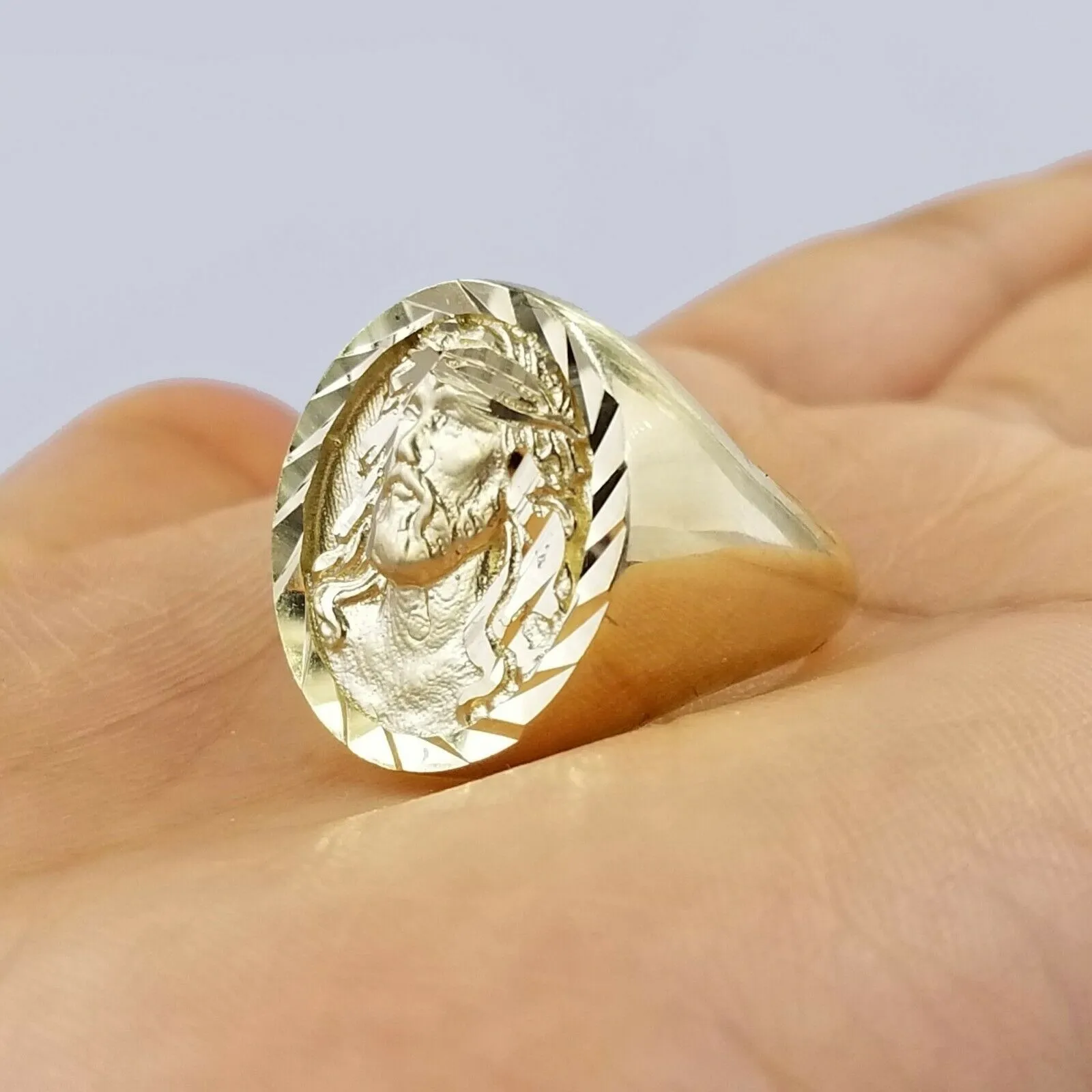 Men's 10k Yellow Gold Jesus Head Ring Diamond Cut, Size 10 Thick Band, Sizable