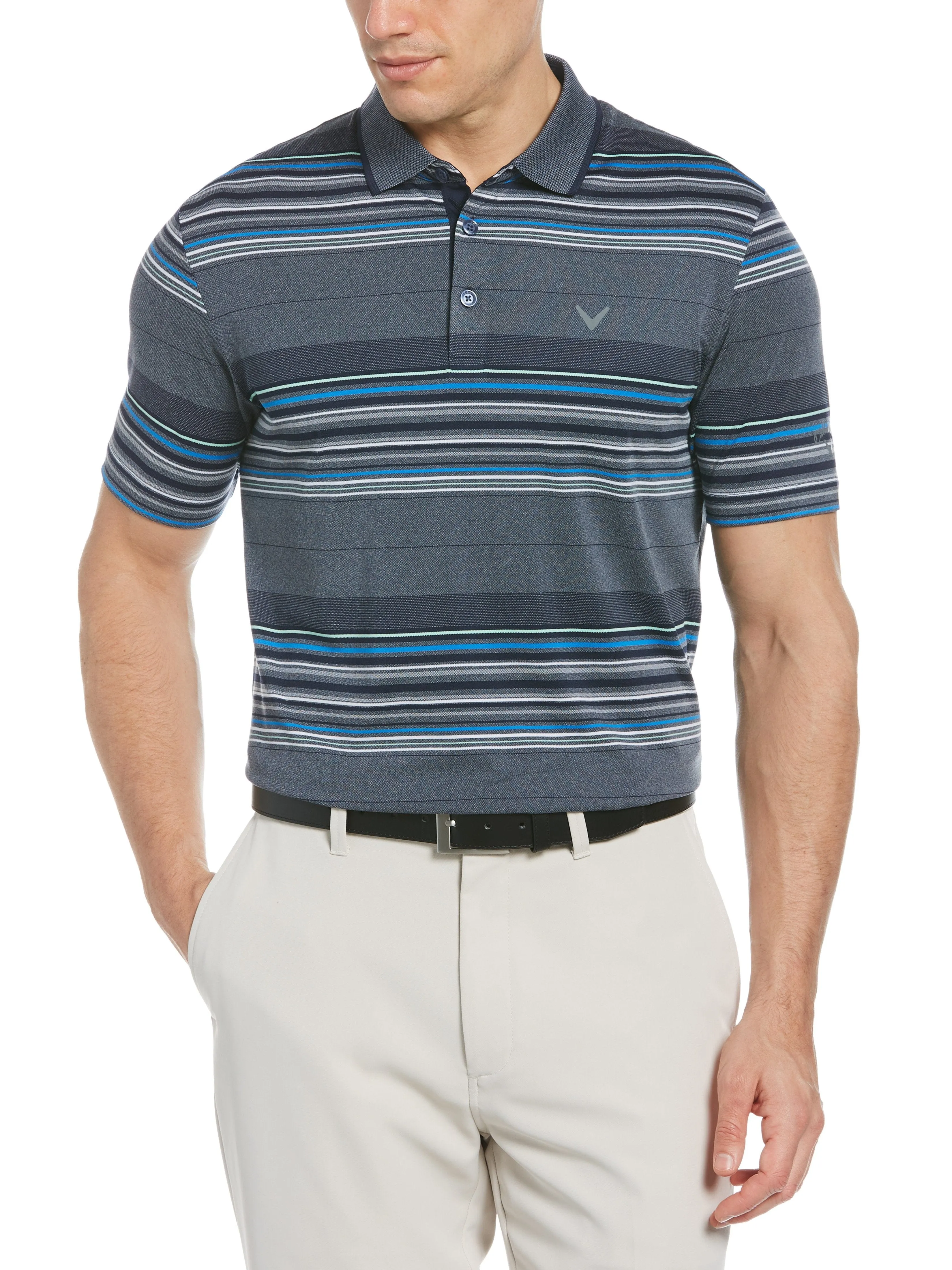 Mens Allover Stripe Oxford Polo With Chevron on Chest