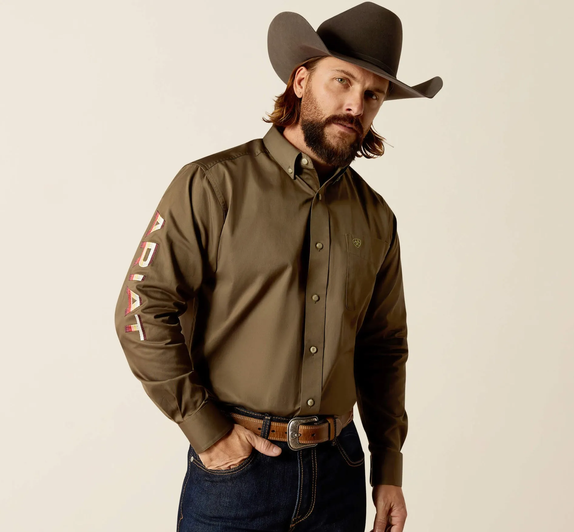 Men’s Ariat Olive Green Team Logo Twill Classic Fit Shirt