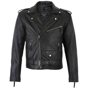 Men's Belted Cross Zip Brando Biker Black Leather Jacket