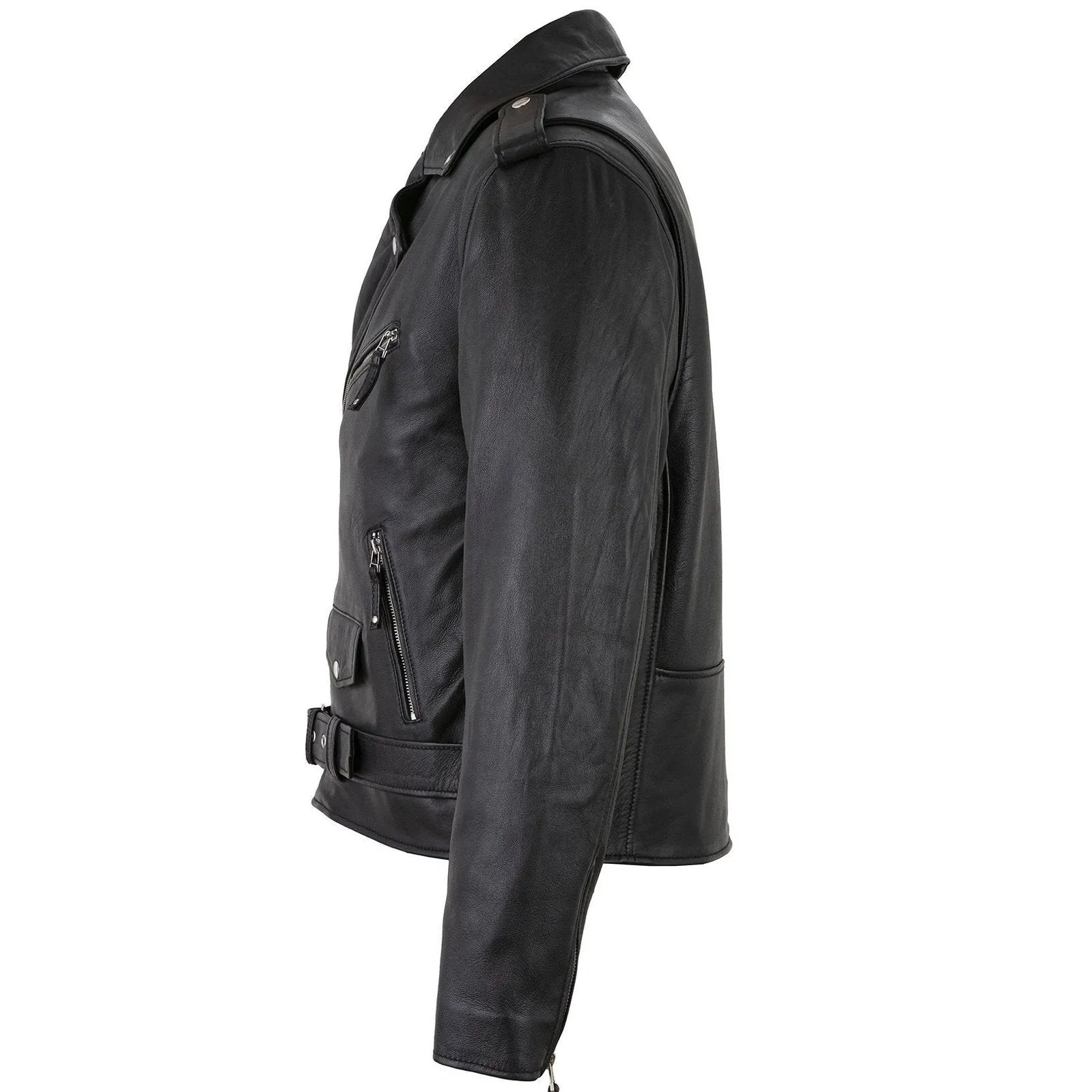 Men's Belted Cross Zip Brando Biker Black Leather Jacket
