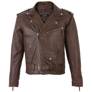 Men's Belted Cross Zip Brando Biker Brown Leather Jacket