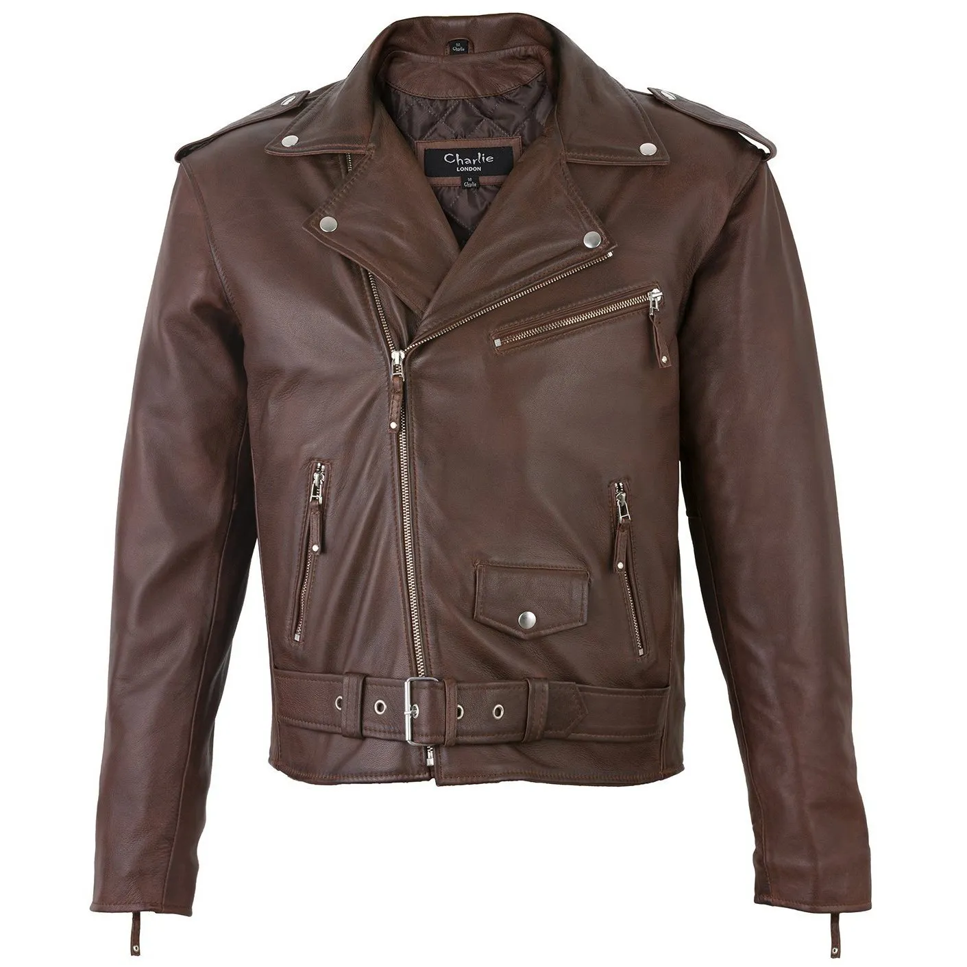 Men's Belted Cross Zip Brando Biker Brown Leather Jacket