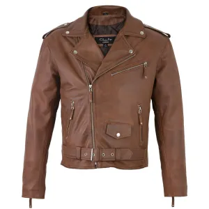 Men's Belted Cross Zip Brando Biker Tan Leather Jacket