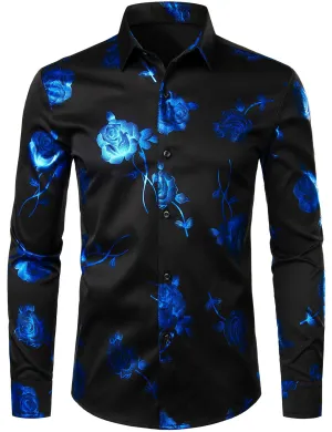Men's Blue Rose Floral Print Long Sleeve Button Up Dress Shirt