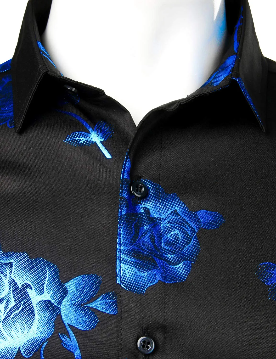 Men's Blue Rose Floral Print Long Sleeve Button Up Dress Shirt