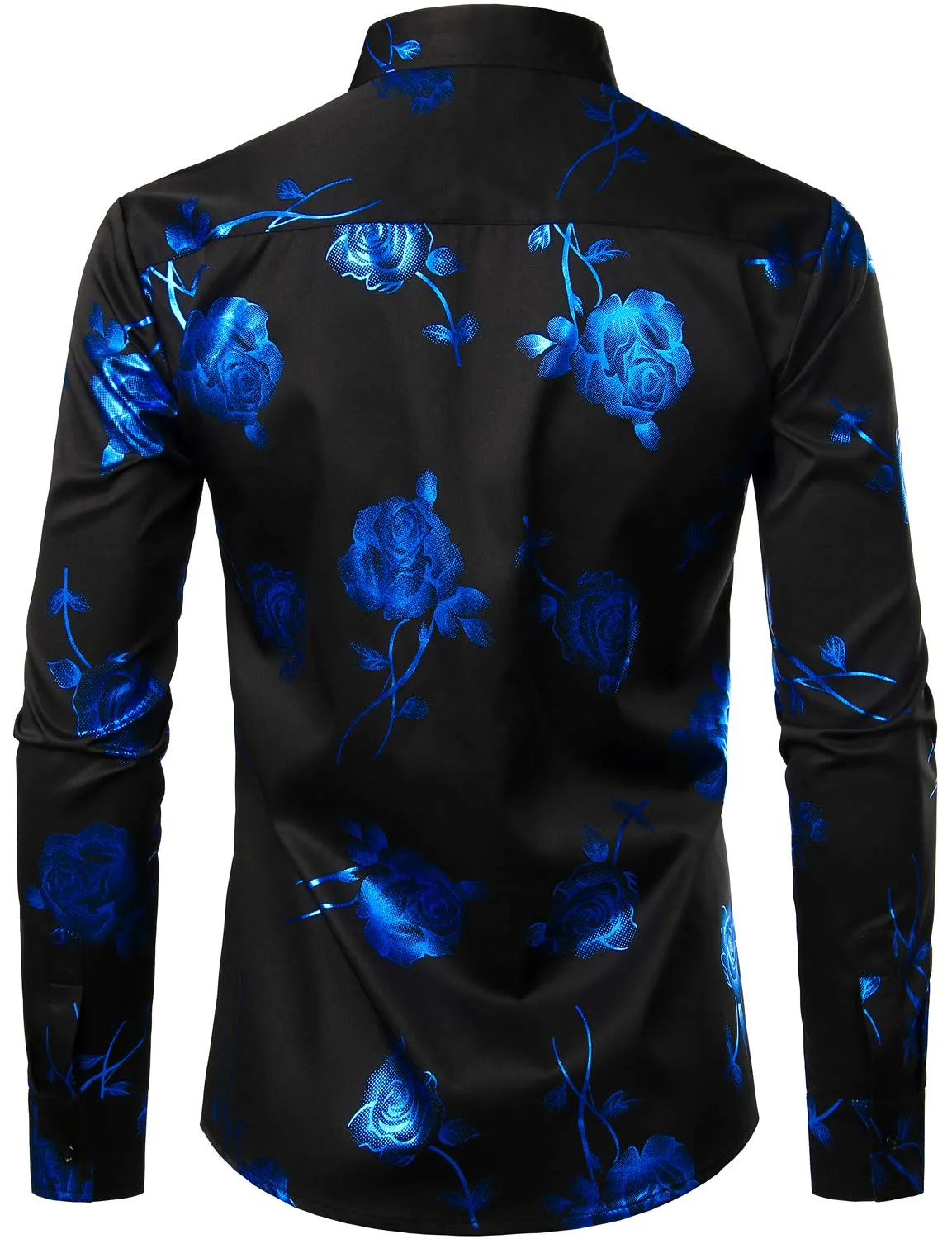 Men's Blue Rose Floral Print Long Sleeve Button Up Dress Shirt