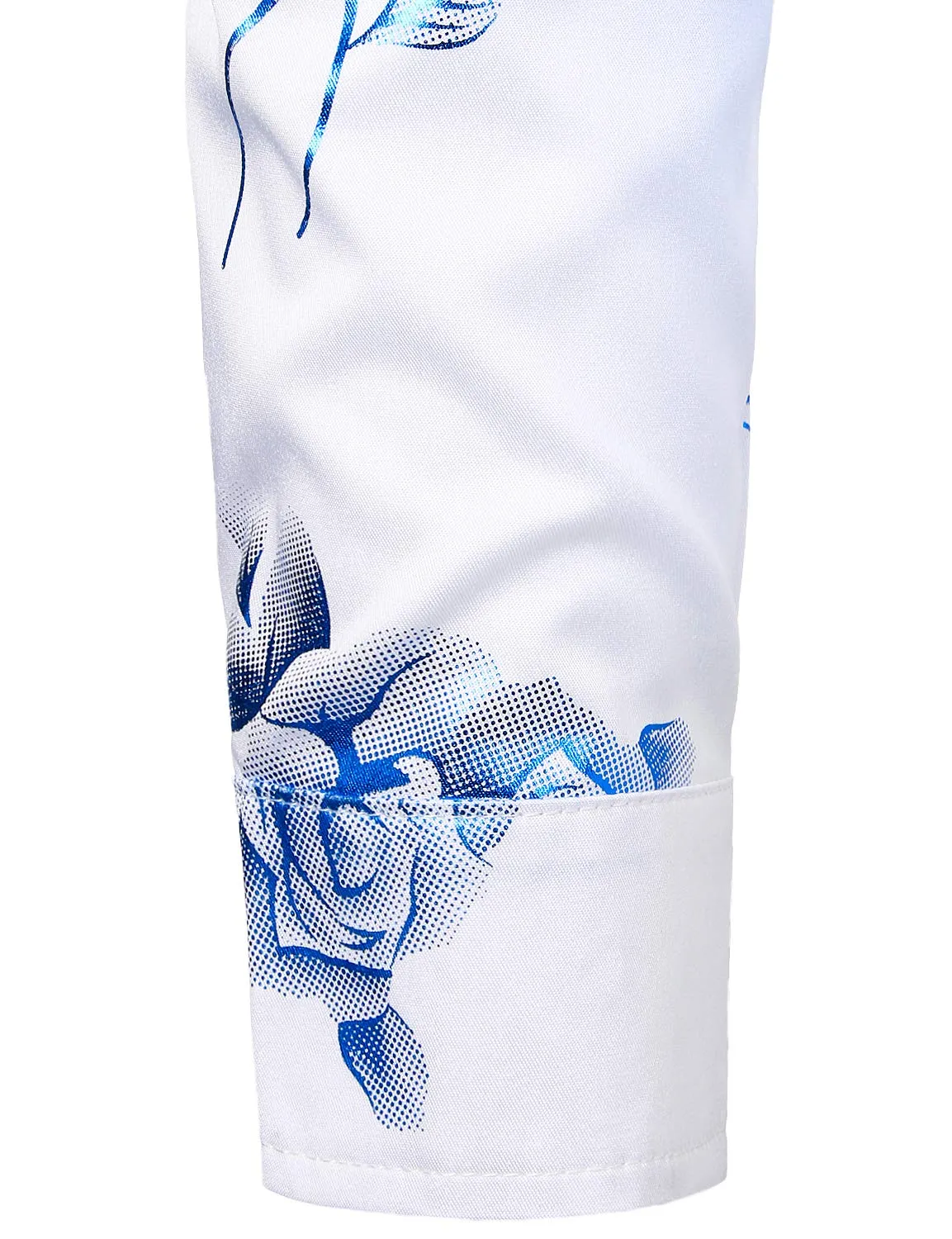 Men's Casual Blue Rose Floral Print Button Up Long Sleeve Dress Shirt