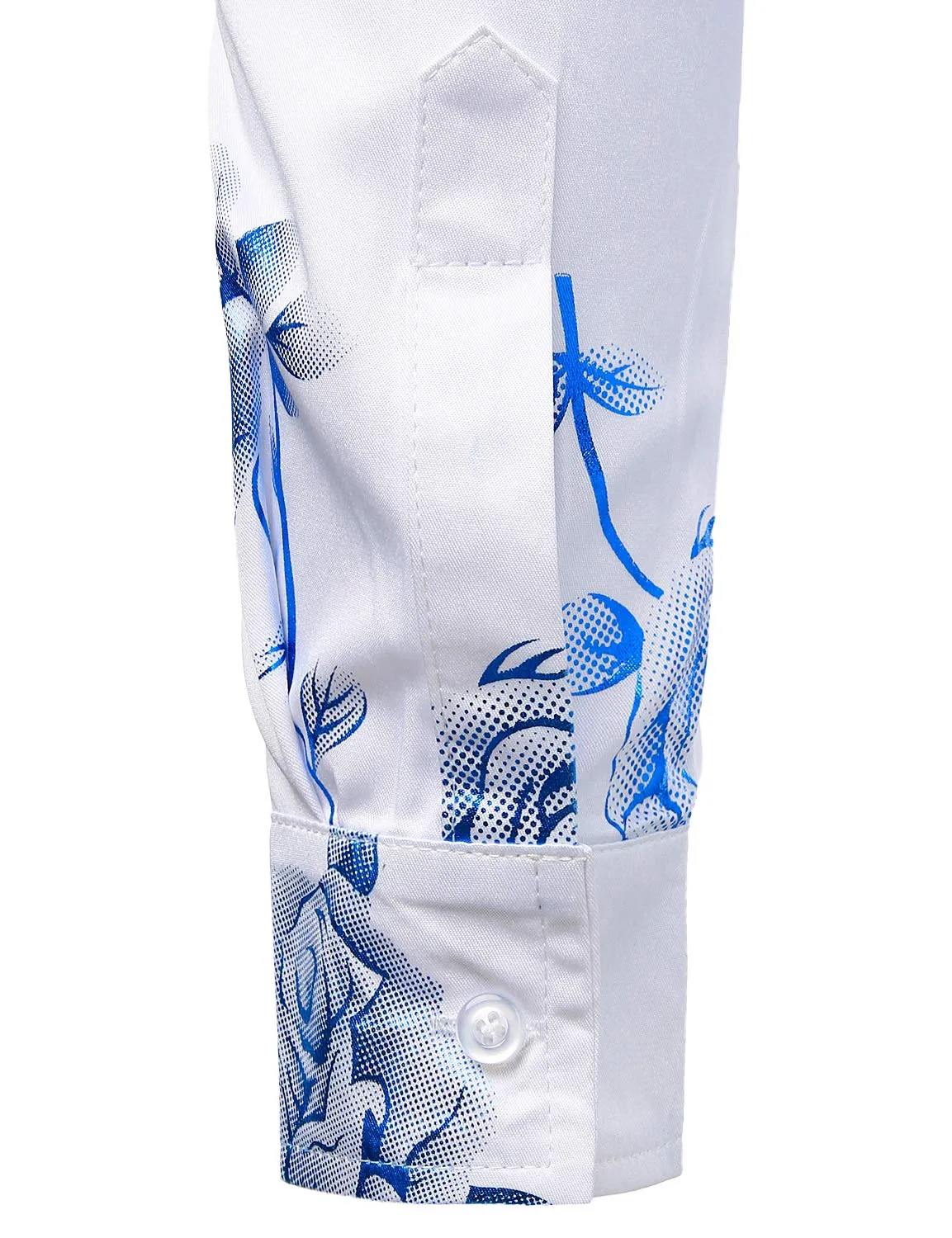 Men's Casual Blue Rose Floral Print Button Up Long Sleeve Dress Shirt
